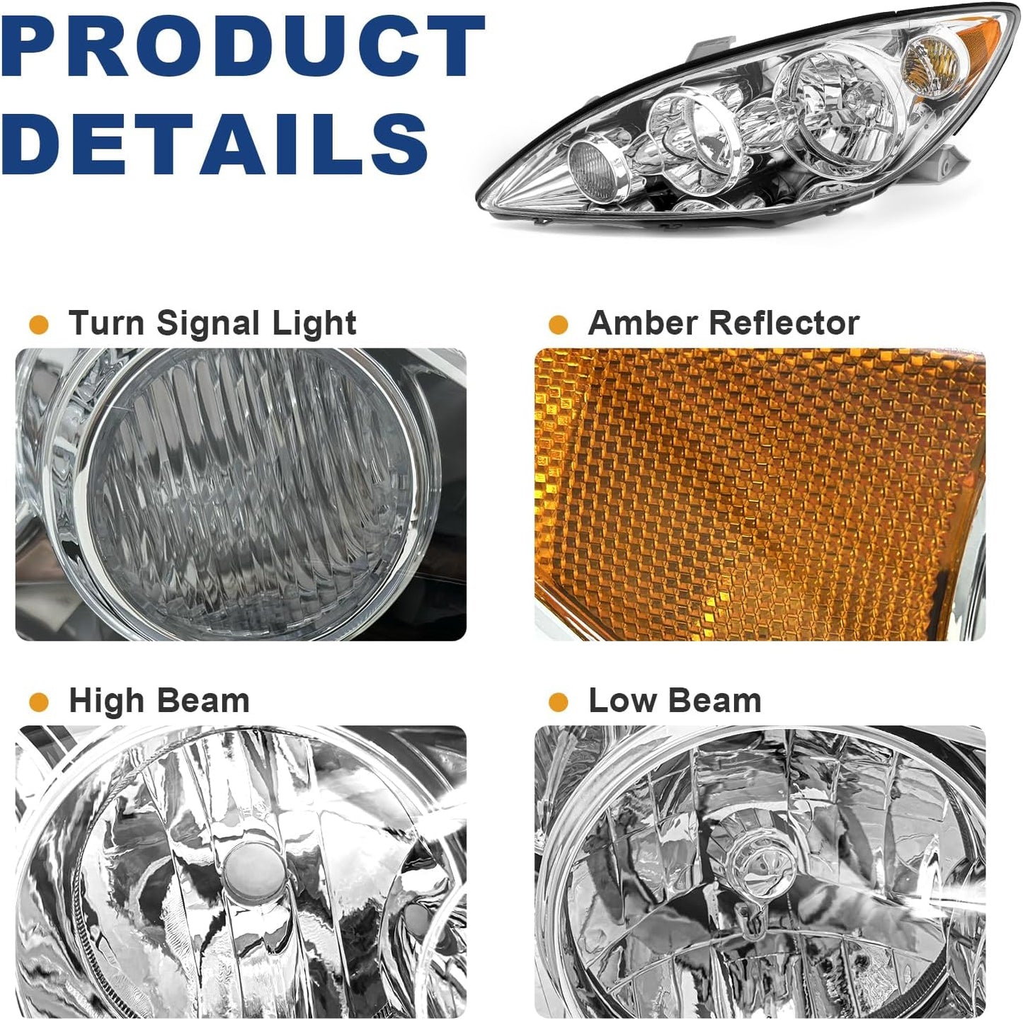 AS Headlights Assembly Compatible with 2005 2006 Toyota Camry Headlamp with Chrome Housing Amber Reflector Driver and Passenger Side (NOT FIT Solara Models)