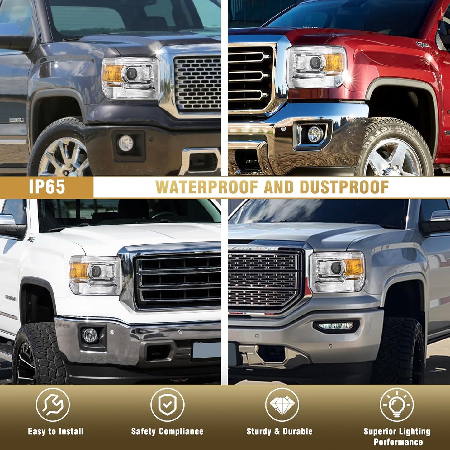 AS Headlight Assembly for 2014-2018 GMC Sierra 1500HD/ 2015-2019 GMC Sierra 2500HD/ 3500HD Base/Denali/SLE/SLT Headlights Without LED Daytime Running lights with Chrome Housing Amber Reflector