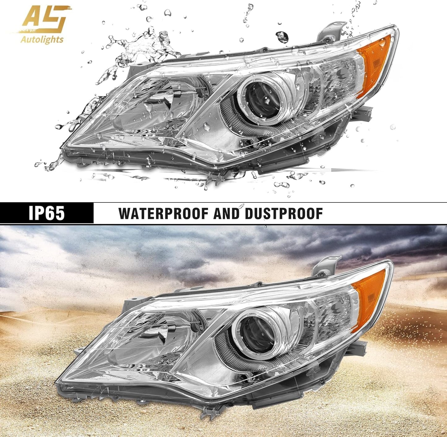 AS Headlights Assembly for 2012 2013 2014 Toyota Camry L/Se/Le/Xle/Hybrid Chrome Housing Amber Reflector Clear Lens Driver and Passenger Side