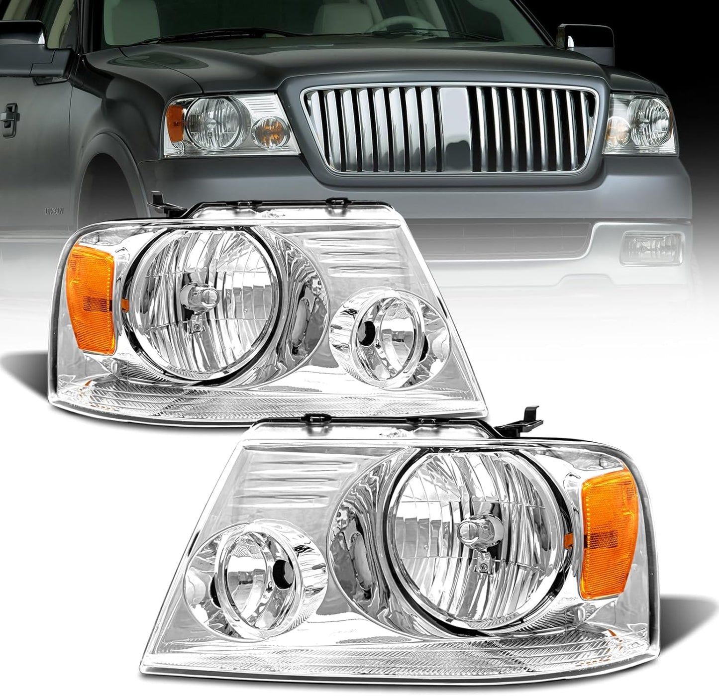 AS Headlight Assembly for 2004 2005 2006 2007 2008 Ford F150/ 2006 2007 2008 Lincoln Mark LT Headlamp with Chrome Housing Amber Reflector Driver and Passenger Side