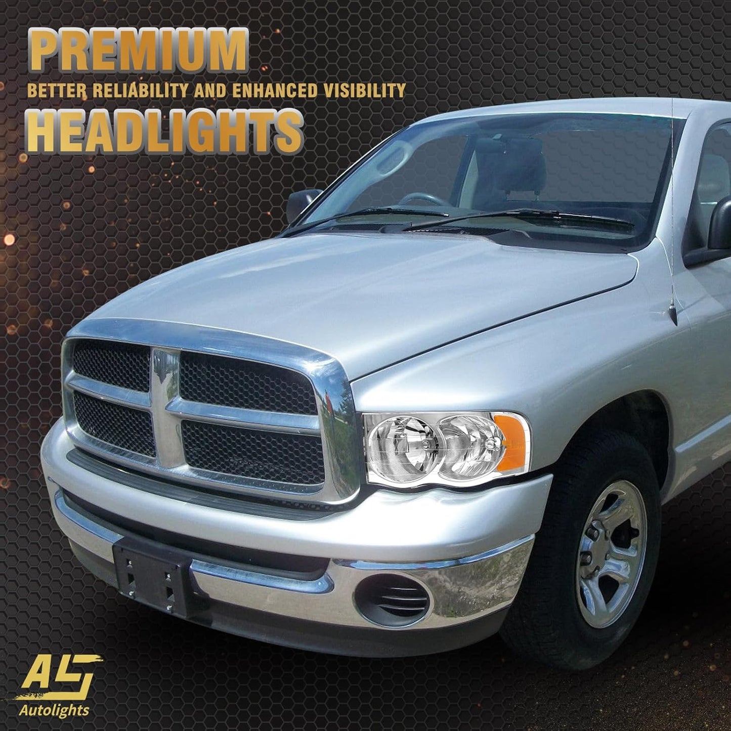 AS Headlights Assembly for 2002 2003 2004 2005 Dodge Ram 1500/03 04 05 Dodge Ram 2500/3500 Chrome Housing Amber Reflector Driver and Passenger Side Pair