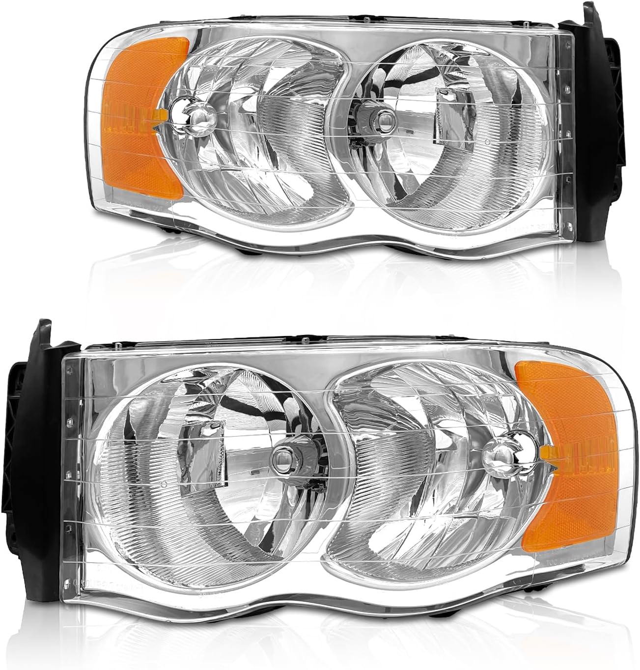 AS Headlights Assembly for 2002 2003 2004 2005 Dodge Ram 1500/03 04 05 Dodge Ram 2500/3500 Chrome Housing Amber Reflector Driver and Passenger Side Pair
