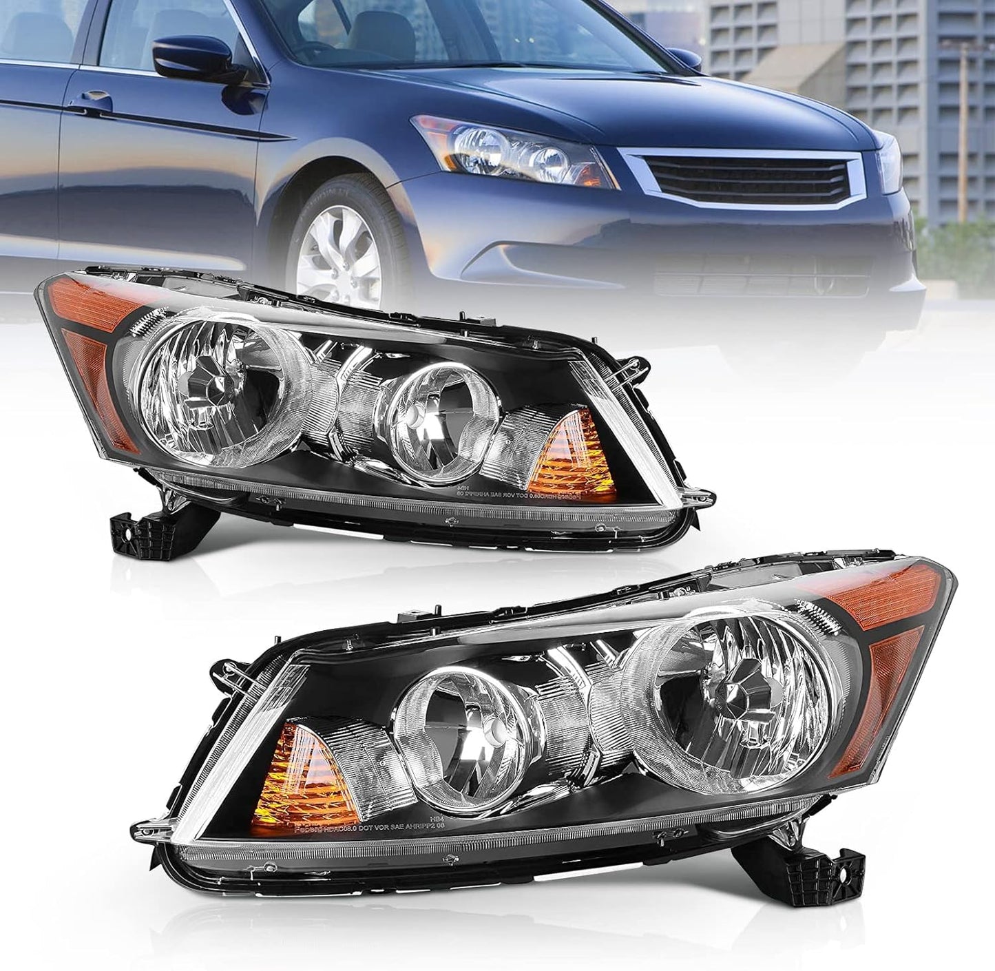 AS Headlight Assembly for 2008 2009 2010 2011 2012 Accord 4dr Sedan Headlamps with Black Housing Clear Reflector Clear Lens Driver and Passenger Side