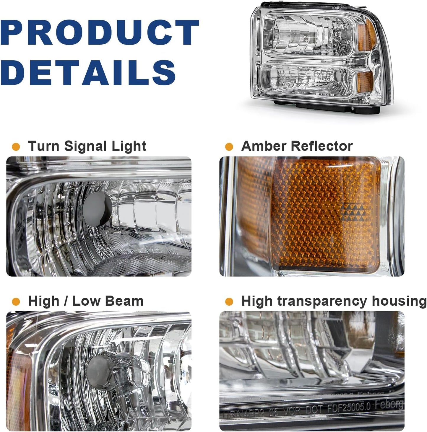 AS Headlight Assembly Compatible with 2005 2006 2007 05 06 07 Ford F250 F350 F450 F550 Headlamp Passenger & Driver Side, Chorme Housing with Amber Reflector