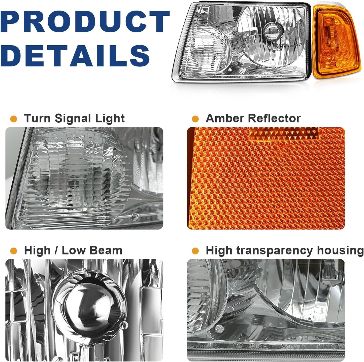AS For 2001 2002 2003 2004 2005 2006 2007 2008 2009 2010 2011 Ford Ranger Headlight Assembly with Clear Lens Chrome Housing Large Amber Corner Lights Headlamp Replacement Pair