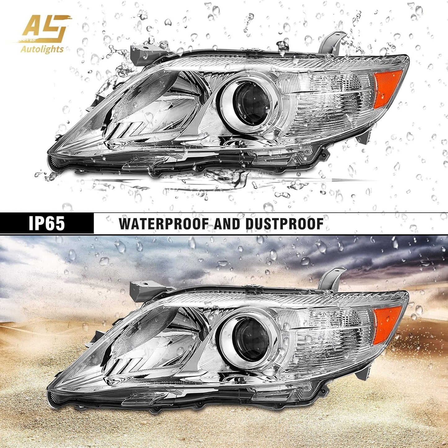AS 2010 2011 Toyota Camry Headlight Assembly Replacement for 2010 2011 Toyota Camry Base/LE/XLE Sedan Projector Chrome Housing Amber Reflector Clear Lens Pai