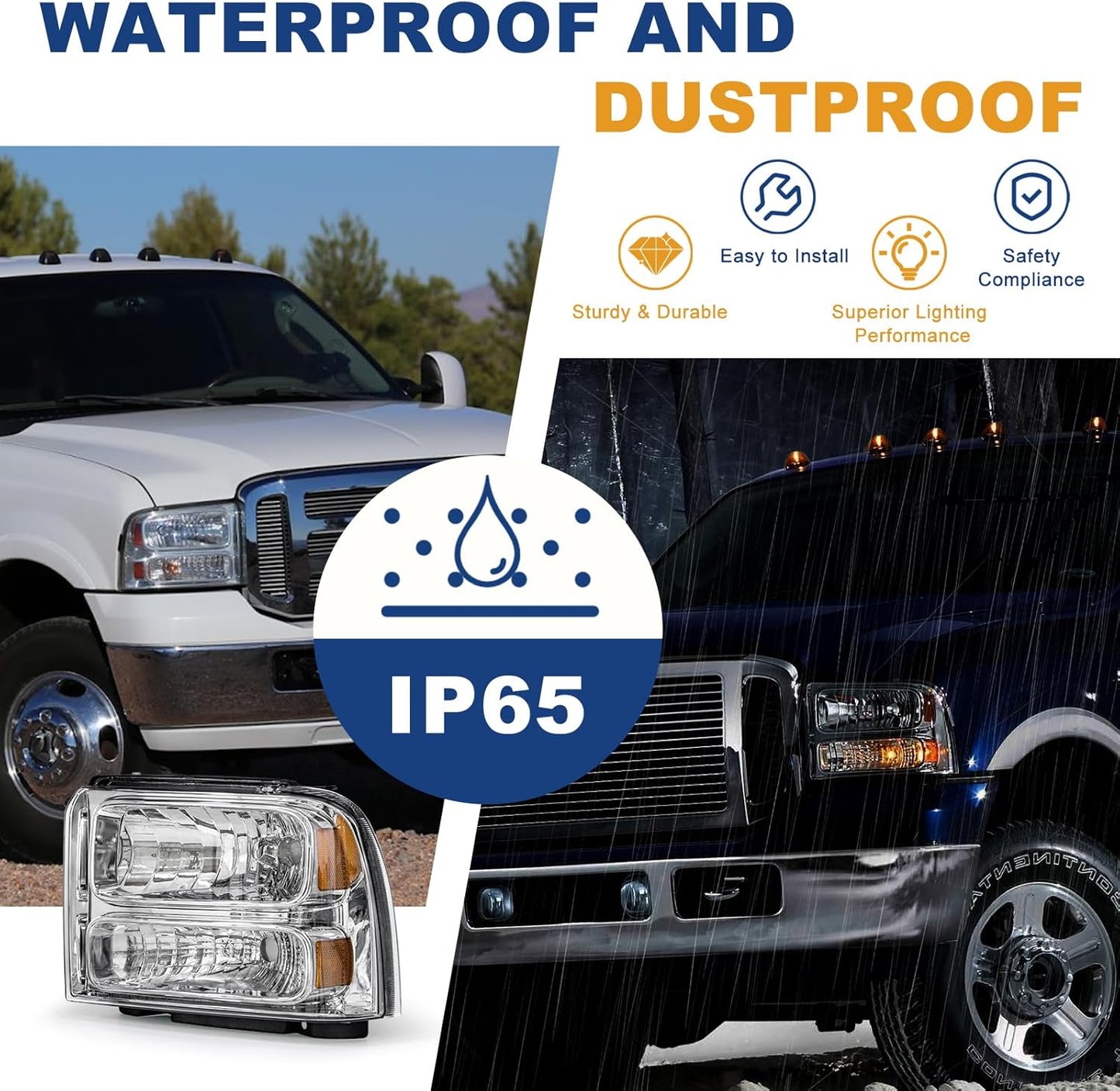 AS Headlight Assembly Compatible with 2005 2006 2007 05 06 07 Ford F250 F350 F450 F550 Headlamp Passenger & Driver Side, Chorme Housing with Amber Reflector