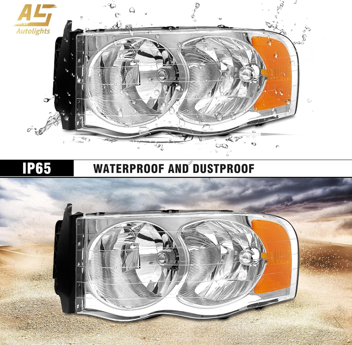 AS Headlights Assembly for 2002 2003 2004 2005 Dodge Ram 1500/03 04 05 Dodge Ram 2500/3500 Chrome Housing Amber Reflector Driver and Passenger Side Pair