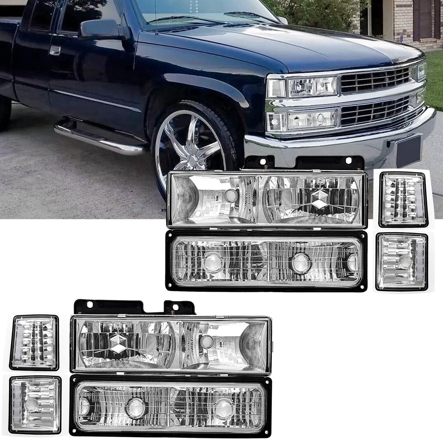 AS Headlights Assembly For 1994 1995 1996 1997 1998 Chevy Silverado/ 94 95 96 97 98 Tahoe/Suburban/C10 Black Housing Clear Lens Amber Reflector(Not compatible on GMC models)
