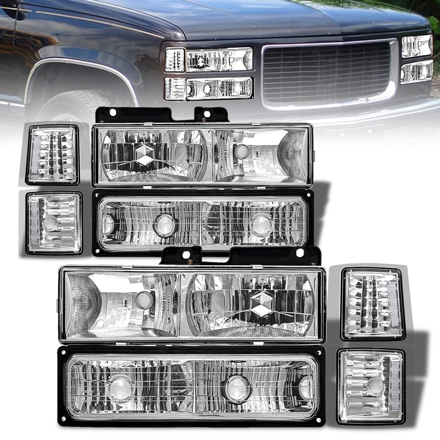 AS Headlights Assembly For 1994 1995 1996 1997 1998 Chevy Silverado/ 94 95 96 97 98 Tahoe/Suburban/C10 Black Housing Clear Lens Amber Reflector(Not compatible on GMC models)