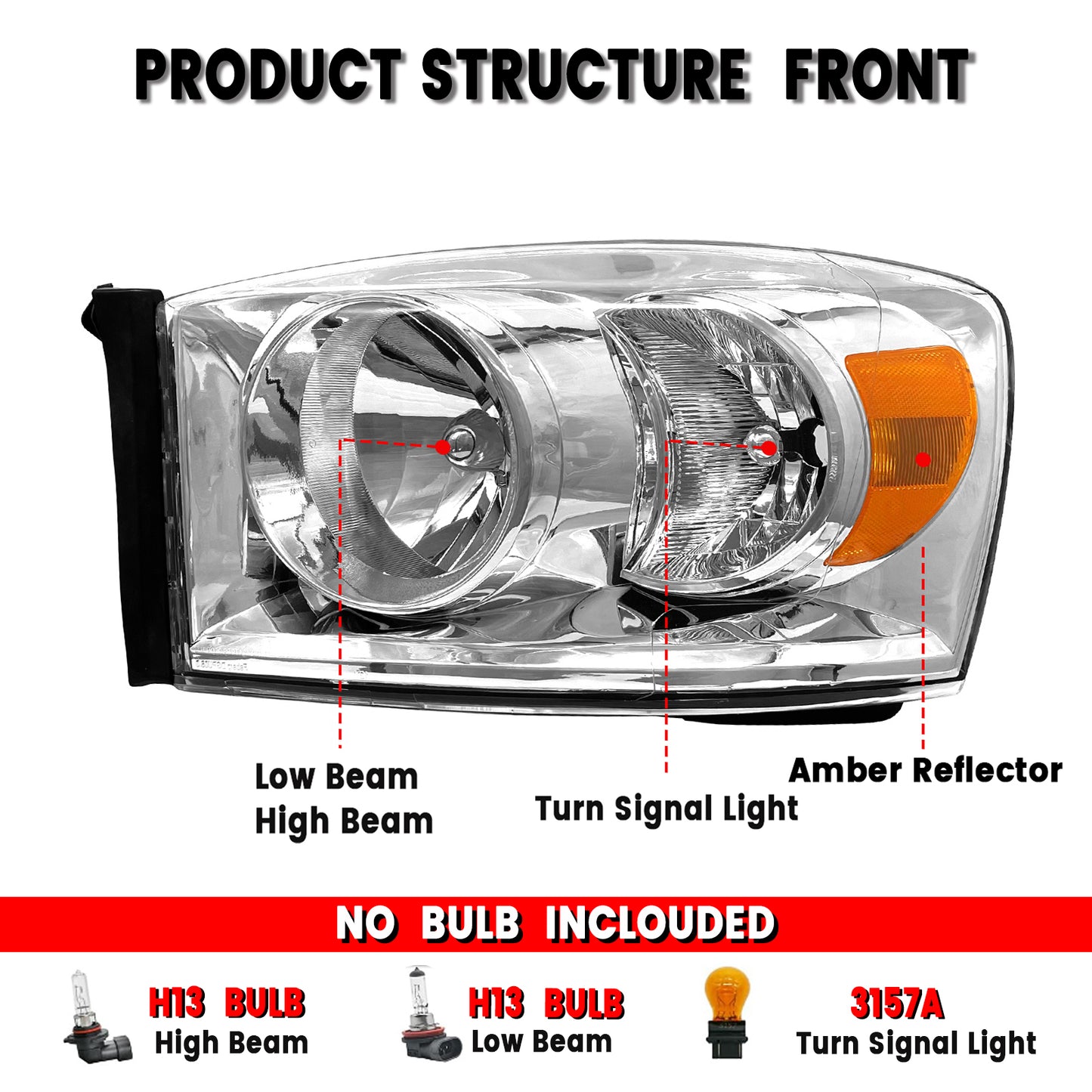 AS Headlight Assembly Compatible with 2006 2007 2008 Dodge Ram 1500/2006-2009 Dodge Ram 2500 3500 Chrome Housing Amber Reflector Driver Passenger Side