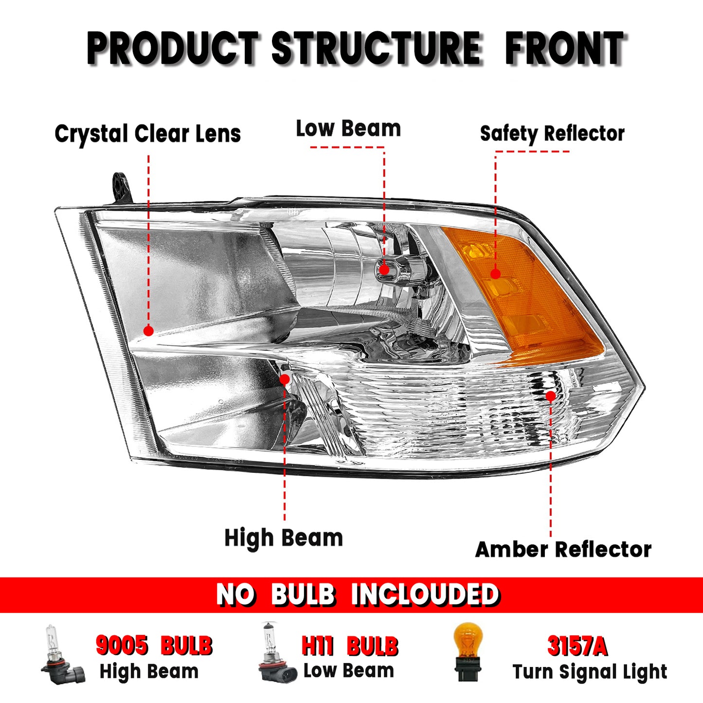AS Headlight Assembly Compatible with 2009 2010 2011 2012 2013 2014 2015 2016 2017 2018 Dodge Ram 1500/10 11 12 13 14 15 16 17 18 Dodge Ram 2500/3500 Pickup QUAD Chrome Housing Pair