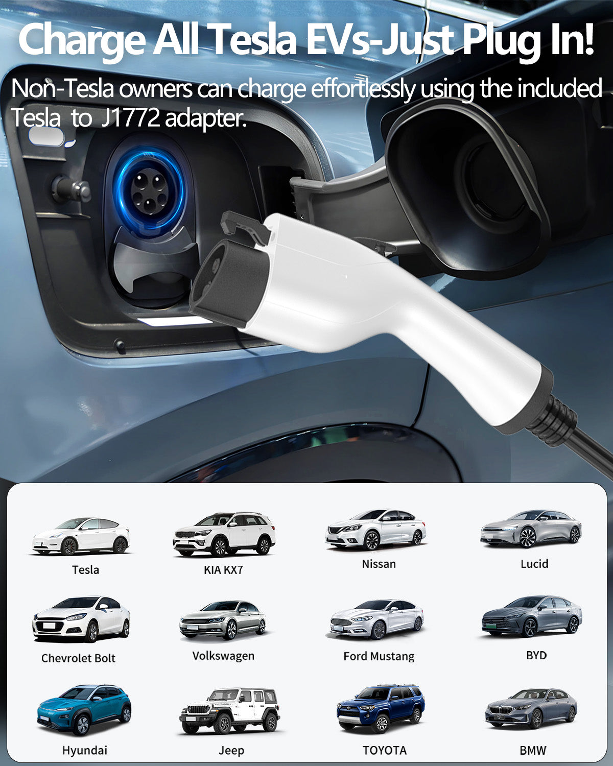 Level 1 & 2 EV Charger for J1772 EVs with J1772 to Tesla Adapter - 16A Mobile Charger with NEMA 6-20 & 5-15 Plugs, Portable Home Charger Compatible with Tesla & J1772 Electric Vehicles