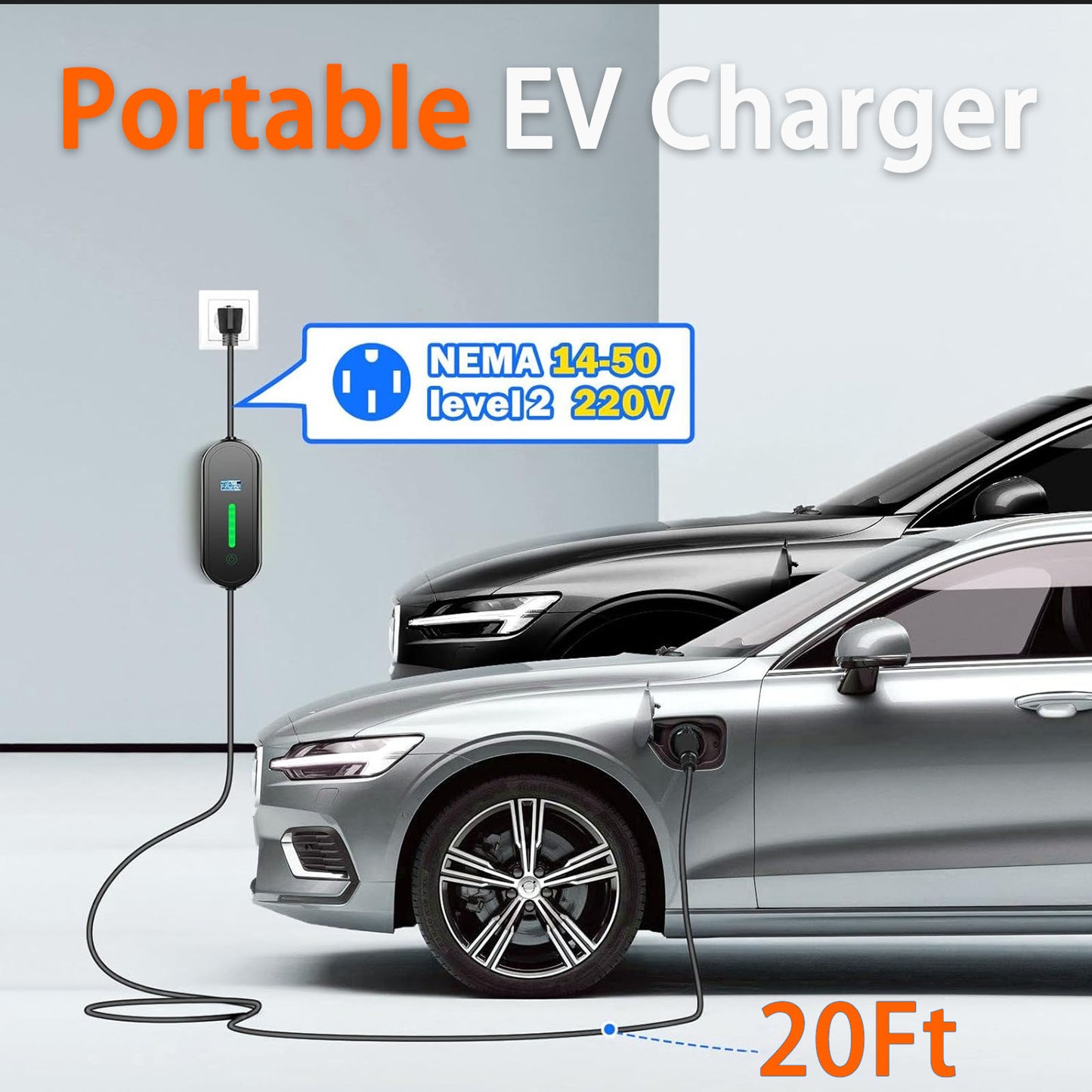 EV Charger 32 Amp(Max) Portable Electric Vehicle Charging Station with 14-50 Plug and 20ft Cord, Compatible with J1772 Electric Cars Household Travel Charger