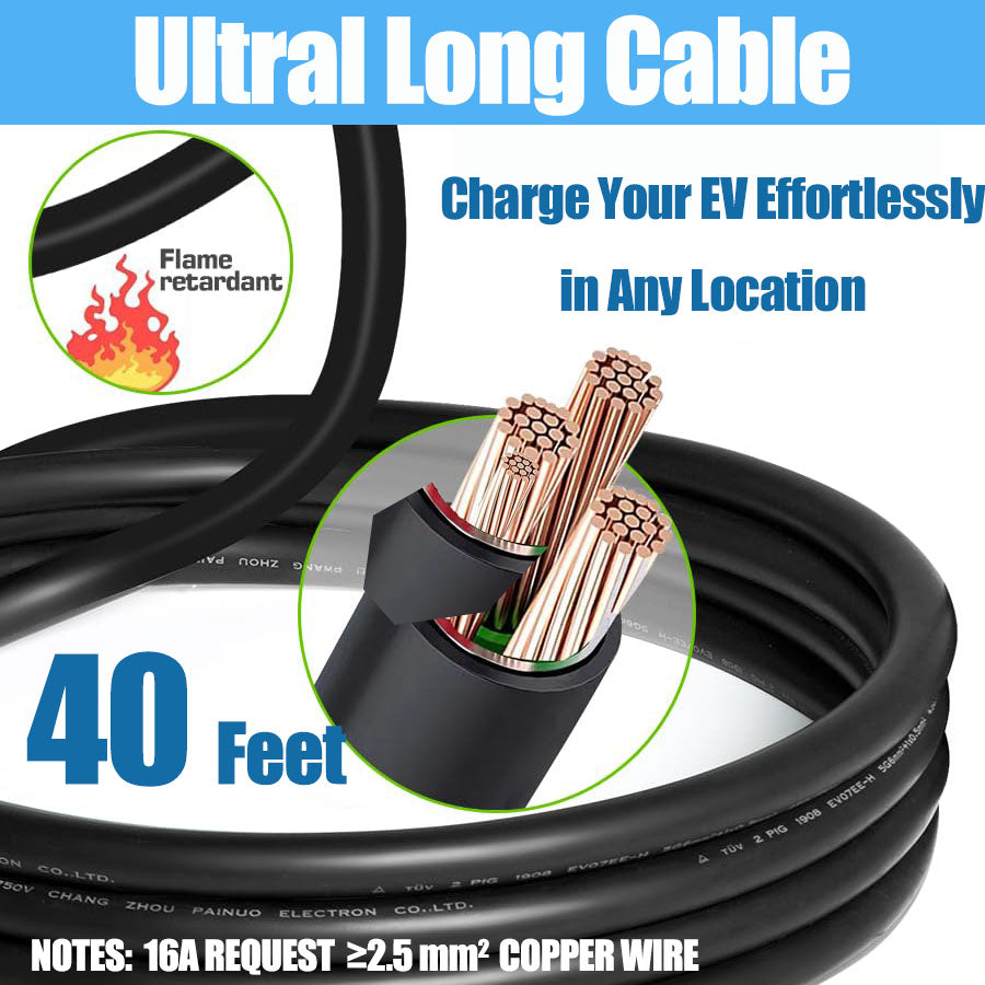 40Ft Cord Electric Vehicle Charger Level 1 & 2 16 Amp EV Charging Station with NEMA5-15P & 6-20 Plug, Compatible with J1772 Electric Cars Household Travel Portable Charger