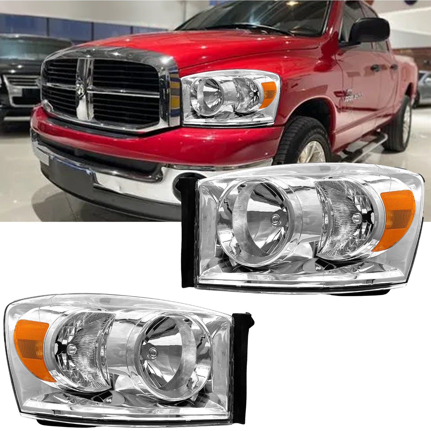 AS Headlight Assembly Compatible with 2006 2007 2008 Dodge Ram 1500/2006-2009 Dodge Ram 2500 3500 Chrome Housing Amber Reflector Driver Passenger Side