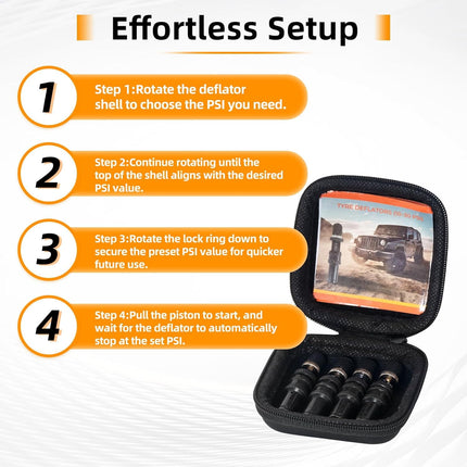 TopAutoGear Adjustable Tire Deflator Valve Kit, Auto-Stop Offroad Accessories, 4Pcs