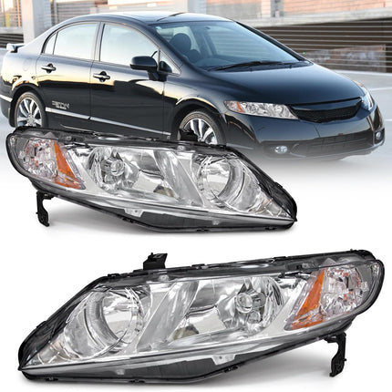 AS Headlight Assembly Compatible with 2006-2011 Honda Civic 4-Door Sedan fit for 2006 2007 2008 2009 2010 2011 Civic 4DR Headlamps Replacement Chrome Housing Amber Reflector