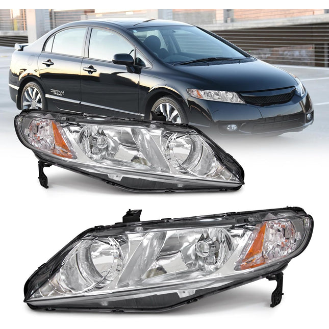 AS Headlight Assembly Compatible with 2006-2011 Honda Civic 4-Door Sedan fit for 2006 2007 2008 2009 2010 2011 Civic 4DR Headlamps Replacement Chrome Housing Amber Reflector