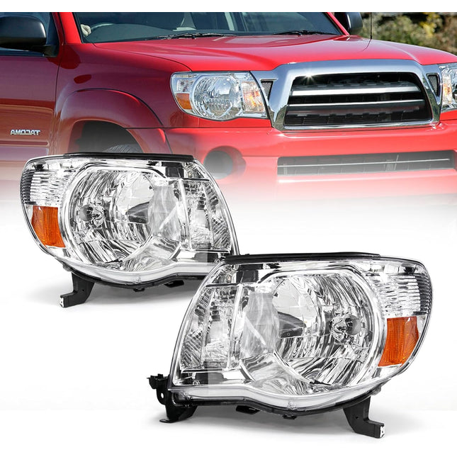 AS For Headlights 2005 2006 2007 2008 2009 2010 2011 Toyota Tacoma Driver and Passenger Side Headlamp Assembly Replacement Chrome Housing Amber Reflector