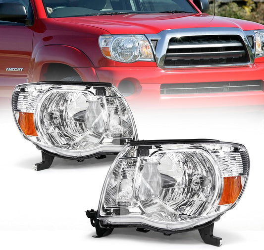 AS For Headlights 2005 2006 2007 2008 2009 2010 2011 Toyota Tacoma Driver and Passenger Side Headlamp Assembly Replacement Chrome Housing Amber Reflector