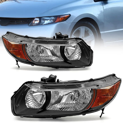 AS Headlight Assembly for 2006-2011 Honda Civic 2Door Coupe Headlights Front Lamps Direct Replacement with Black Housing Amber Reflector Clear Lens Driver and Passenger Side