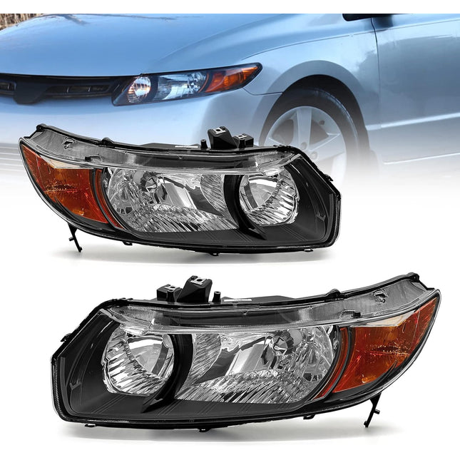 AS Headlight Assembly for 2006-2011 Honda Civic 2Door Coupe Headlights Front Lamps Direct Replacement with Black Housing Amber Reflector Clear Lens Driver and Passenger Side