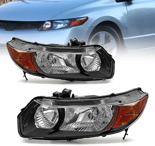 AS Headlight Assembly for 2006-2011 Honda Civic 2Door Coupe Headlights Front Lamps Direct Replacement with Black Housing Amber Reflector Clear Lens Driver and Passenger Side