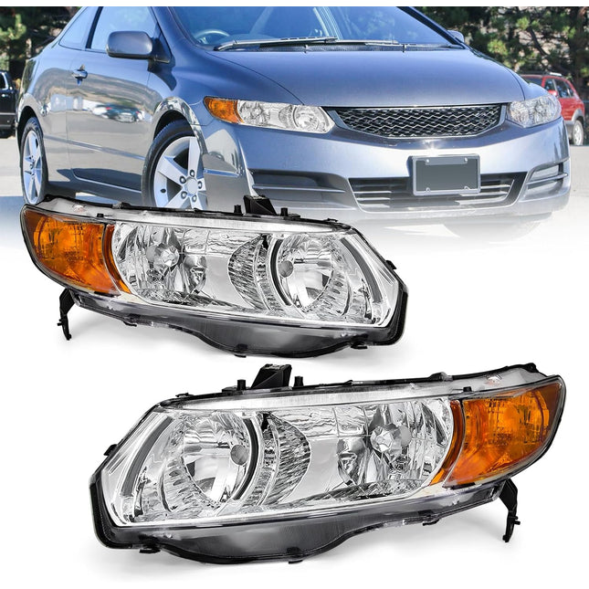 AS Headlight Assembly for 2006 2007 2008 2009 2010 2011 Honda Civic 2Door Coupe Headlamp Front Lamps Direct Replacement with Chrome Housing Amber Park Lens Driver and Passenger Side Pair