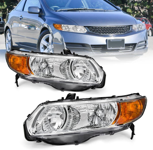 AS Headlight Assembly for 2006 2007 2008 2009 2010 2011 Honda Civic 2Door Coupe Headlamp Front Lamps Direct Replacement with Chrome Housing Amber Park Lens Driver and Passenger Side Pair
