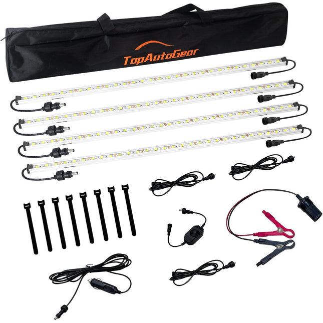 TopAutoGear 12V LED Interior Light Bar Kit Dimmable Camping String Lights Weatherproof IP67, Magnetic & Velcro Mounting, All-in-One Portable Lighting for RV, Camping Tent Car Trailer Boat, White 4Pcs