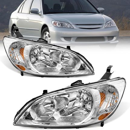 AS Headliaght Assembly Compatible with 04 05 2004 2005 Honda Civic Headlamp with Chrome Housing Amber Reflector Driver and Passenger Side
