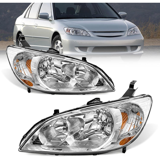 AS Headliaght Assembly Compatible with 04 05 2004 2005 Honda Civic Headlamp with Chrome Housing Amber Reflector Driver and Passenger Side