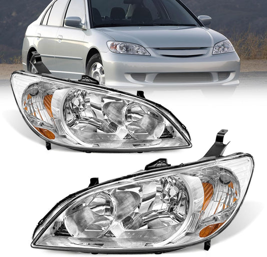 AS Headliaght Assembly Compatible with 04 05 2004 2005 Honda Civic Headlamp with Chrome Housing Amber Reflector Driver and Passenger Side