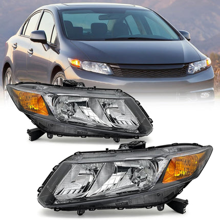 AS Headlight Assembly Compatible with 2012-2015 Honda Civic 4Dr Sedan/ 2012-2013 Honda Civic 2Dr Coupe Black Housing Amber Reflector (Except Hybrid Model) Left+Right Side Driver and Passenger Side