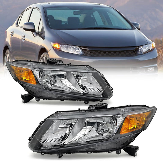 AS Headlight Assembly Compatible with 2012-2015 Honda Civic 4Dr Sedan/ 2012-2013 Honda Civic 2Dr Coupe Black Housing Amber Reflector (Except Hybrid Model) Left+Right Side Driver and Passenger Side