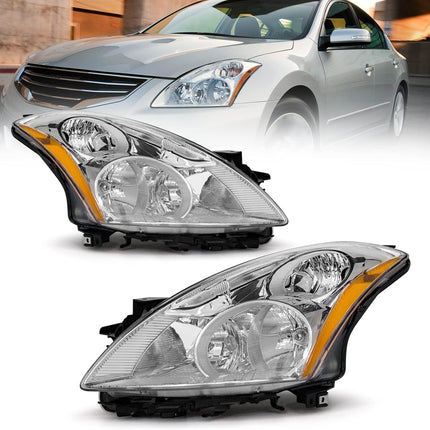 AS Headlight Compatible with 2010 2011 2012 Nissan Altima 4-Door Sedan Headlamp with Chrome Housing Amber Reflector Clear Lens Pair