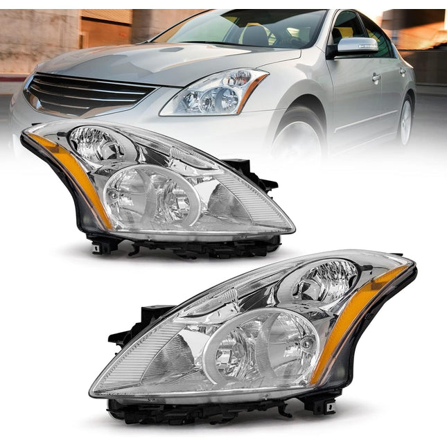 AS Headlight Compatible with 2010 2011 2012 Nissan Altima 4-Door Sedan Headlamp with Chrome Housing Amber Reflector Clear Lens Pair