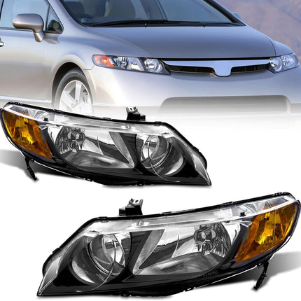 AS Headlight Assembly for 2006 2007 2008 2009 2010 2011 Honda Civic 4 Door Sedan Headlamp with Black Housing Amber Reflector Clear Park Lens Driver and Passenger Side Pair