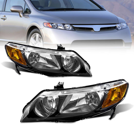 AS Headlight Assembly for 2006 2007 2008 2009 2010 2011 Honda Civic 4 Door Sedan Headlamp with Black Housing Amber Reflector Clear Park Lens Driver and Passenger Side Pair