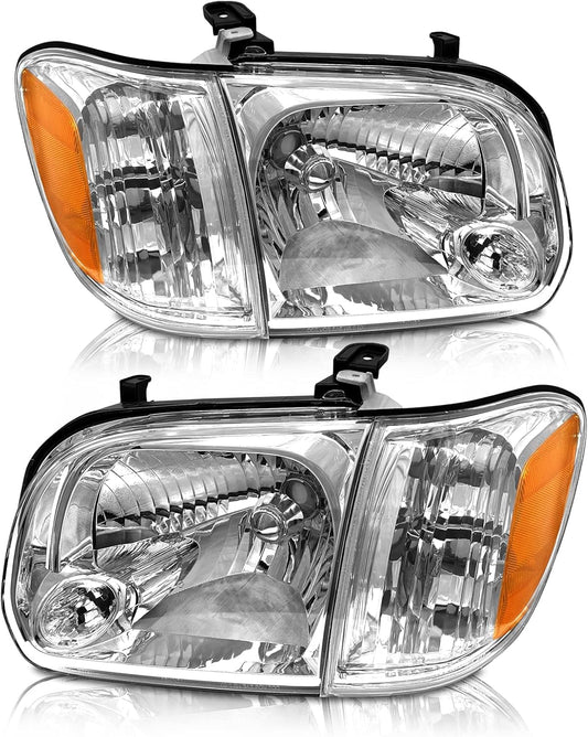AS Headlight Assembly Compatible with2005 2006 Toyota Tundra Double/Crew Cab and 200-2007 Sequoia Headlamp Chrome Housing Driver and Passenger Side(Not compatible with Regular Cab and Access Cab)