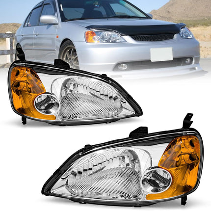 AS Headliaght Assembly Compatible with 01 01 03 2001 2002 2003 Honda Civic Headlamp with Chrome Housing Amber Reflector Driver and Passenger Side