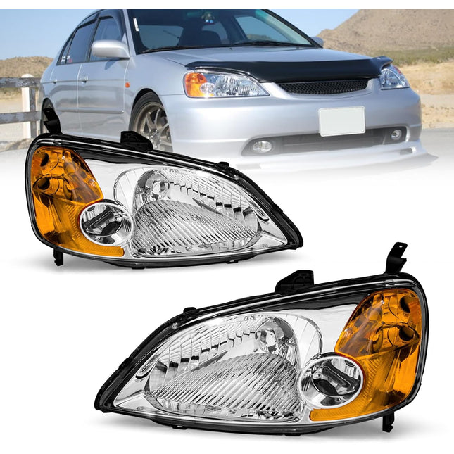 AS Headliaght Assembly Compatible with 01 01 03 2001 2002 2003 Honda Civic Headlamp with Chrome Housing Amber Reflector Driver and Passenger Side