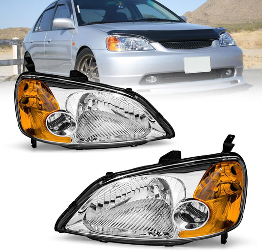 AS Headliaght Assembly Compatible with 01 01 03 2001 2002 2003 Honda Civic Headlamp with Chrome Housing Amber Reflector Driver and Passenger Side