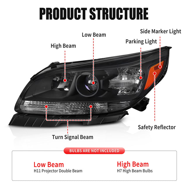 AS Headlight Assembly For 2013 2014 2015 Chevy Malibu Headlights Projector Headlamp Left+Right 13 14 15