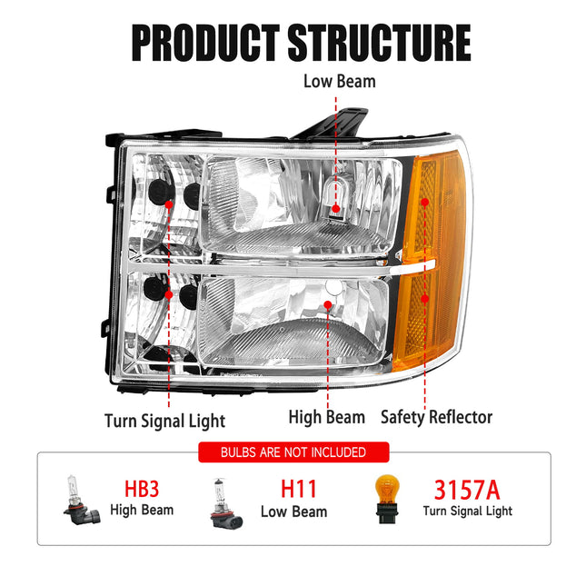 TopAutoGear Headlight Assembly for 2007-2013 GMC Sierra 1500 / 2007-2014 GMC Sierra 2500 HD & 3500 HD Base / Denali / SLE / SLT