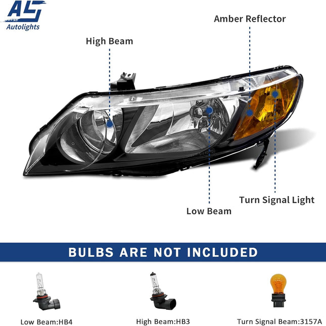 AS Headlight Assembly for 2006 2007 2008 2009 2010 2011 Honda Civic 4 Door Sedan Headlamp with Black Housing Amber Reflector Clear Park Lens Driver and Passenger Side Pair
