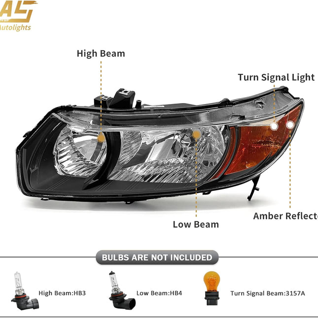 AS Headlight Assembly for 2006-2011 Honda Civic 2Door Coupe Headlights Front Lamps Direct Replacement with Black Housing Amber Reflector Clear Lens Driver and Passenger Side