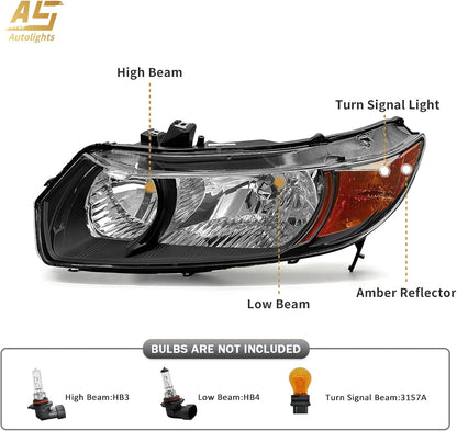 AS Headlight Assembly for 2006-2011 Honda Civic 2Door Coupe Headlights Front Lamps Direct Replacement with Black Housing Amber Reflector Clear Lens Driver and Passenger Side