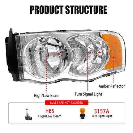 AS Headlights Assembly Compatible with 2002 2003 2004 2005 Dodge Ram 1500/03 04 05 Dodge Ram 2500/3500 Chrome Housing Amber Reflector Driver and Passenger Side Pair
